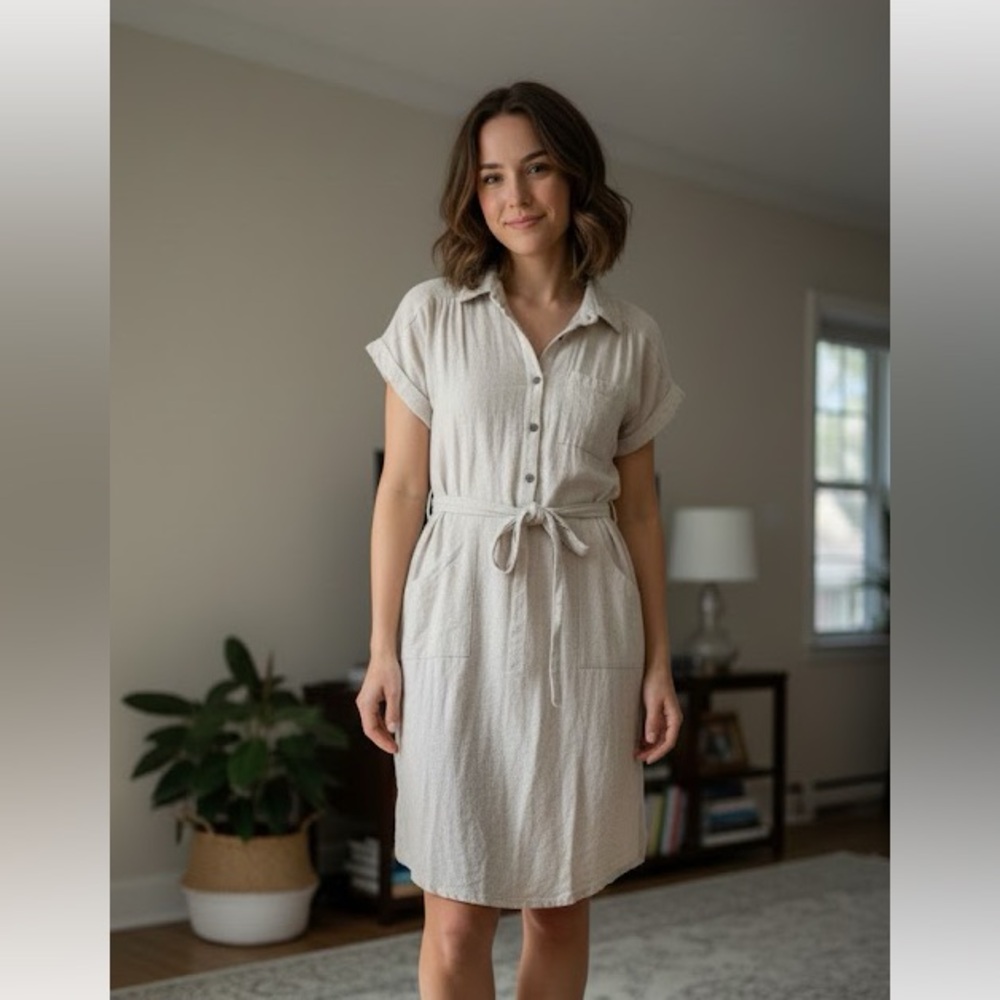 Beige Button-Up Dress by Monteau - Linen blend